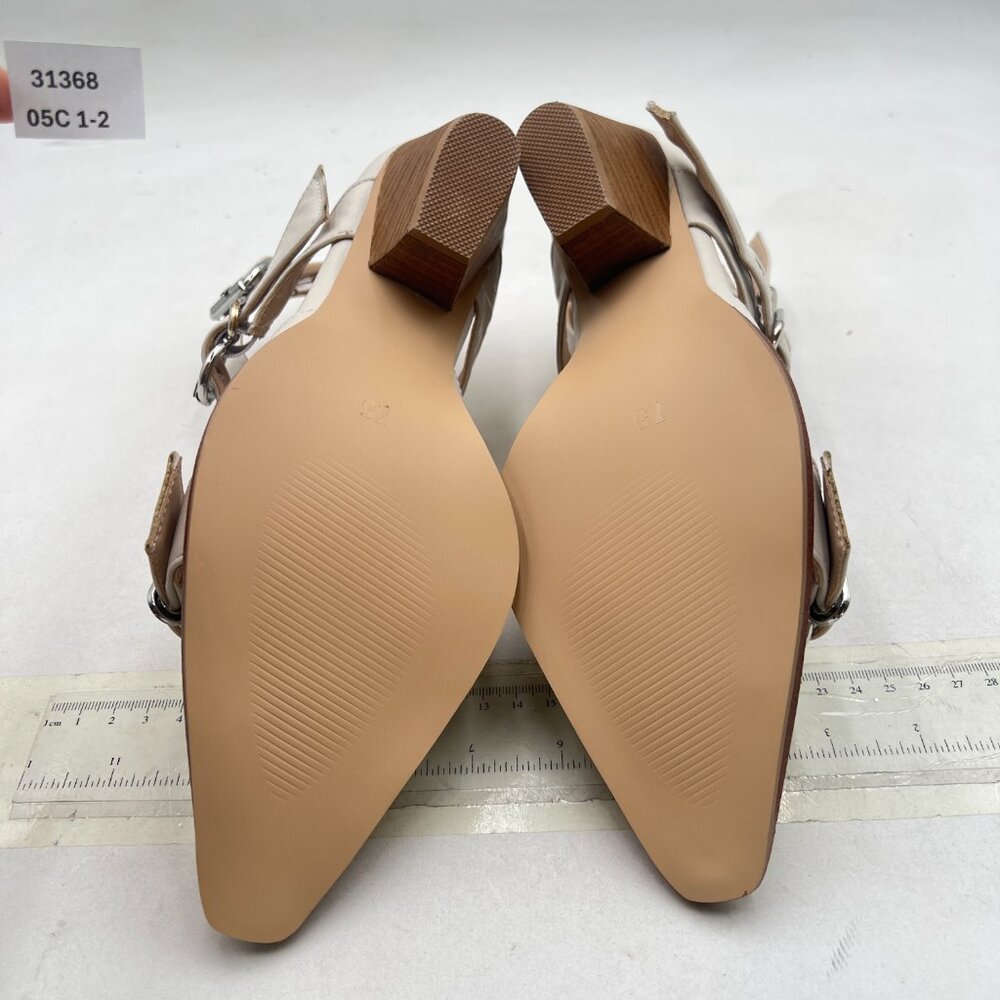 FSJ Beige Buckle Pointed Toe Chunky Heel Sandals - Picture 7 of 7